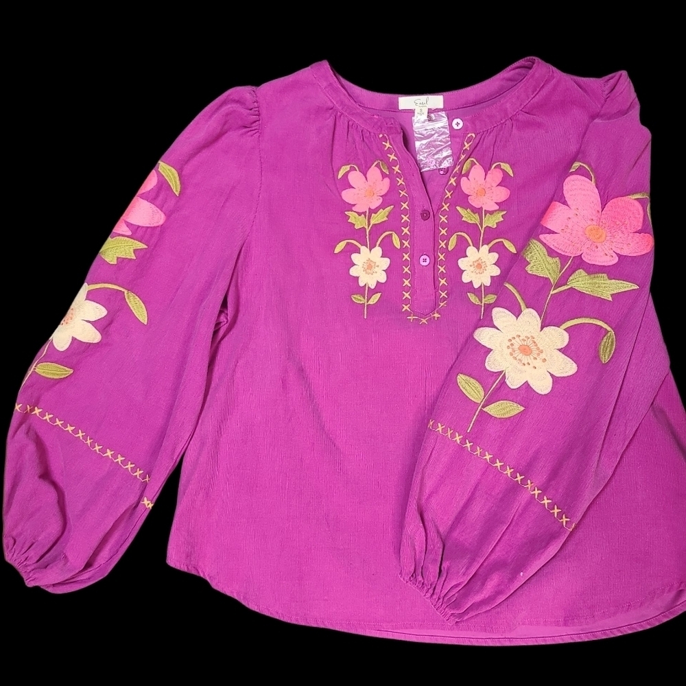 Easel 100% Cotton Floral Embroidered Magenta Top Sized Small NWOT